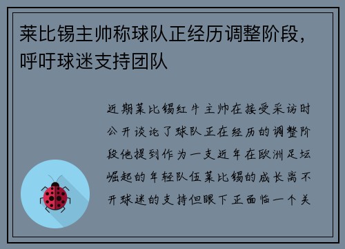 莱比锡主帅称球队正经历调整阶段，呼吁球迷支持团队